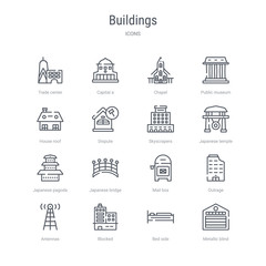 set of 16 buildings concept vector line icons such as metallic blind, bed side, blocked, antennas, outrage, mail box, japanese bridge, japanese pagoda. 64x64 thin stroke icons