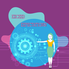 Text sign showing Exceed Expectations. Business photo text able to surpass or beyond the acceptable perforanalysisce Woman Standing and Presenting the SEO Process with Cog Wheel Gear inside
