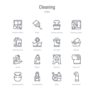 set of 16 cleaning concept vector line icons such as air freshener, wash, housekeeping, washing clothes, paper roll, wet floor, bleach, hands. 64x64 thin stroke icons