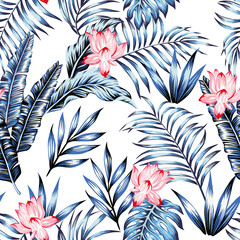 Blue tropical leaves pink flowers white background