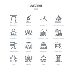 set of 16 buildings concept vector line icons such as high, dome, minaret, urban, house repair, high school, town hall, towers building transmission. 64x64 thin stroke icons