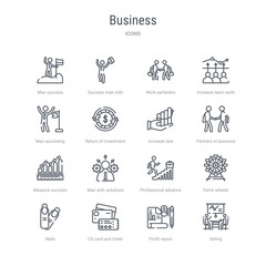 set of 16 business concept vector line icons such as sitting, profit report, cit card and ticket, nails, ferris wheels, professional advance, man with solutions, measure success. 64x64 thin stroke