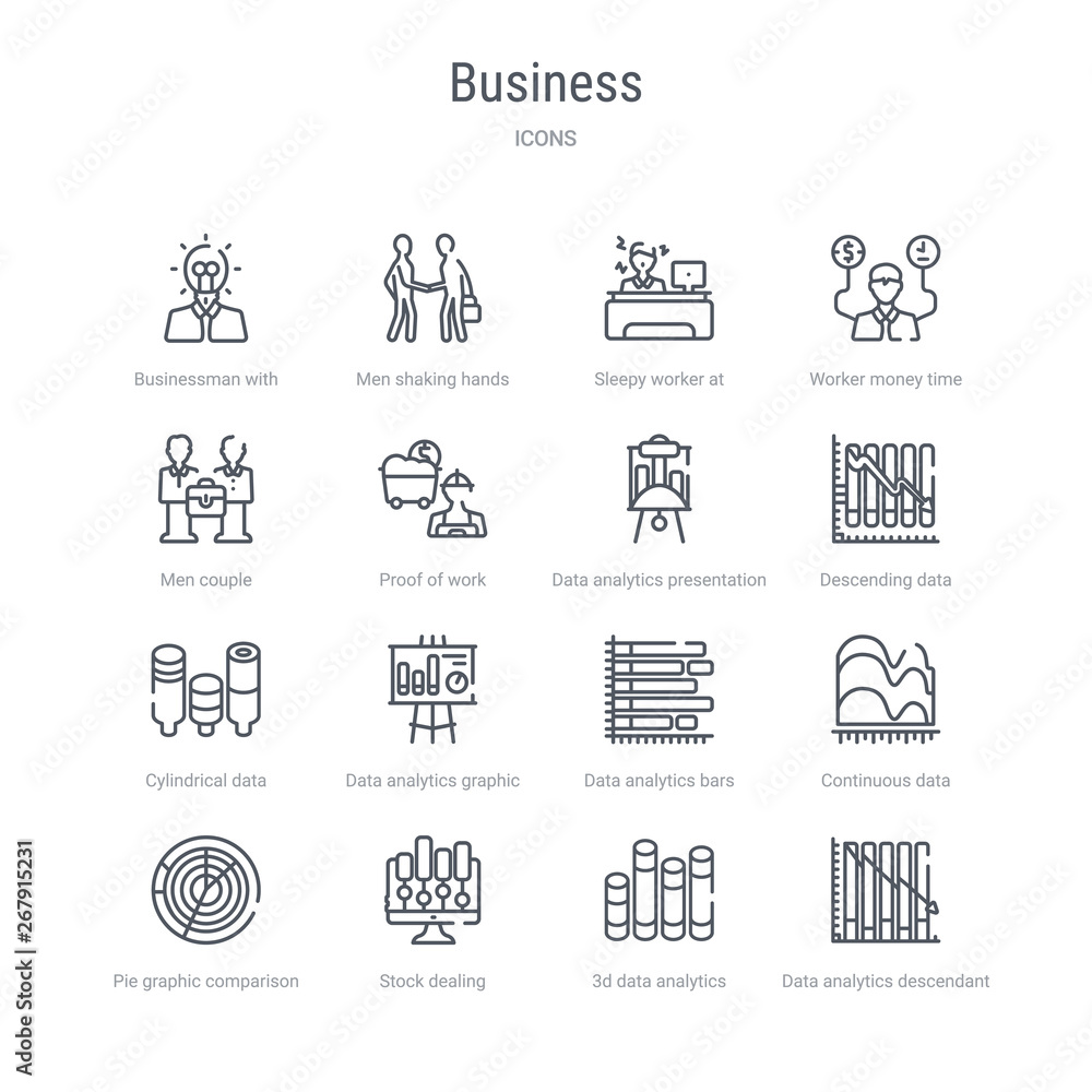Aufkleber set of 16 business concept vector line icons such as data analytics descendant graphic, 3d data anal