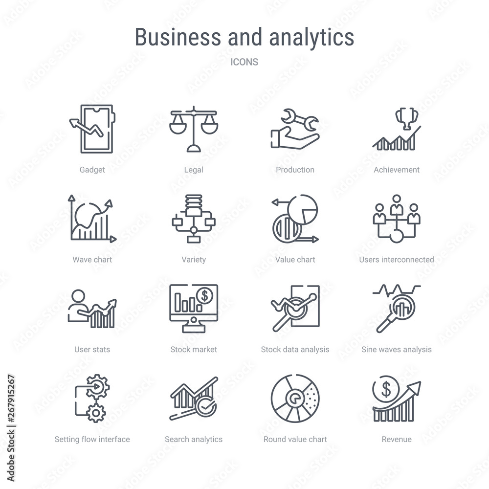 Poster set of 16 business and analytics concept vector line icons such as revenue, round value chart, searc