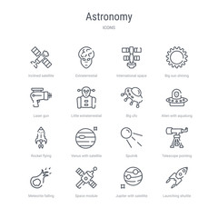 set of 16 astronomy concept vector line icons such as launching shuttle, jupiter with satellite, space module, meteorite falling, telescope pointing up, sputnik, venus with satellite, rocket flying.