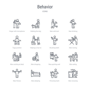 set of 16 behavior concept vector line icons such as man snoozing, throwing trash, man sleeping, man fitness, eating, painting wall, shopping, working at desk. 64x64 thin stroke icons