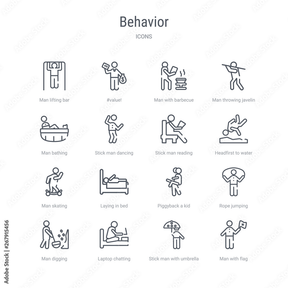 Poster set of 16 behavior concept vector line icons such as man with flag, stick man with umbrella, laptop 