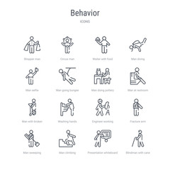 set of 16 behavior concept vector line icons such as blindman with cane, presentation whiteboard, man climbing, man sweeping, fracture arm, engineer working, washing hands, man with broken leg.