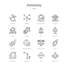 set of 16 astronomy concept vector line icons such as rocket ship, alien, big dipper, observatory, comet, space station, destroyed planet, asteroid. 64x64 thin stroke icons