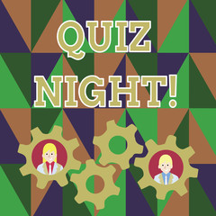 Text sign showing Quiz Night. Business photo showcasing evening test knowledge competition between individuals Two Business People Each Inside Colorful Cog Wheel Gears for Teamwork Event
