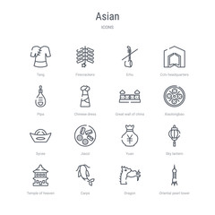 set of 16 asian concept vector line icons such as oriental pearl tower, dragon, carps, temple of heaven, sky lantern, yuan, jiaozi, sycee. 64x64 thin stroke icons