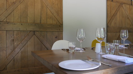 Set wooden table with with with wooden door details in the back