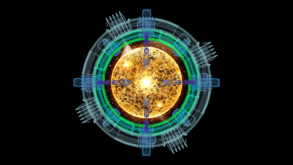 Futuristic graphic user interface head up display screen with digital holographic Nuclear Fusion energy simulator display for digital background