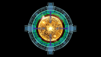 Futuristic graphic user interface head up display screen with digital holographic Nuclear Fusion energy simulator display for digital background