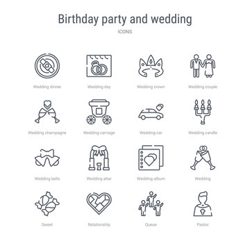 set of 16 birthday party and wedding concept vector line icons such as pastor, queue, relationship, sweet, wedding, wedding album, altar, bells. 64x64 thin stroke icons
