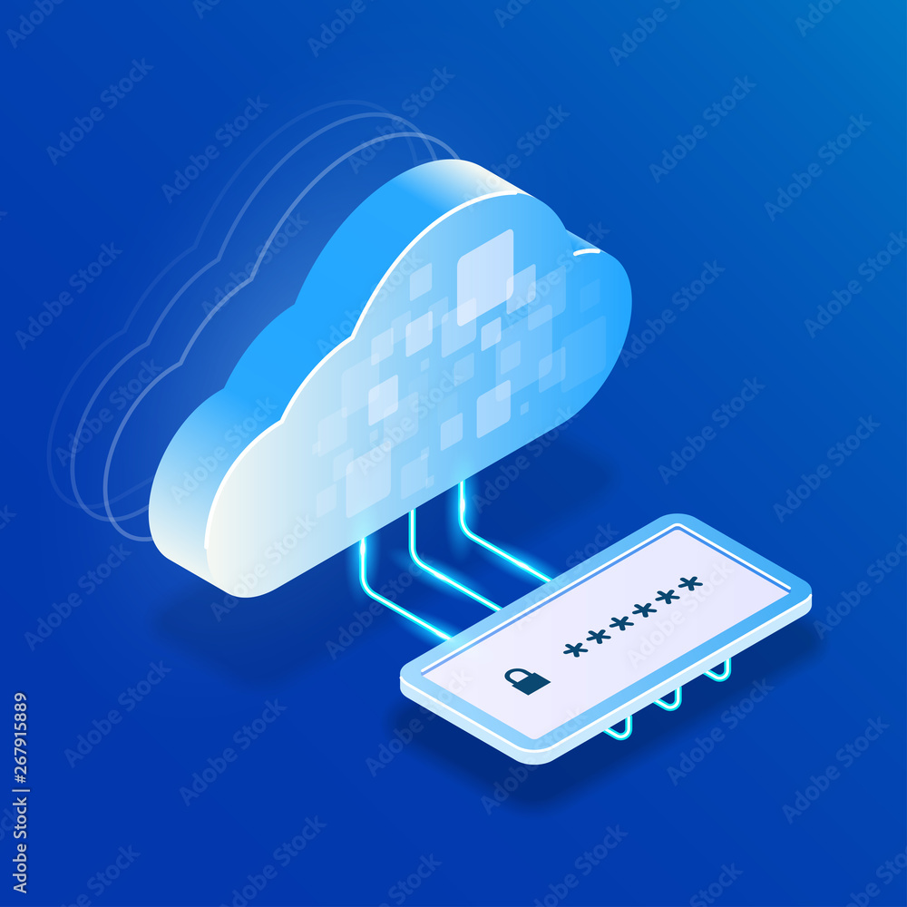 Poster safety cloud storage or computing. data access after entering a personal password. vector isometric 