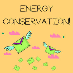 Word writing text Energy Conservation. Business photo showcasing Reduction in the amount of energy consumed in a process Many Colorful Airmail Flying Letter Envelopes and Two of Them with Wings