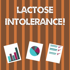Text sign showing Lactose Intolerance. Business photo text digestive problem where body is unable to digest lactose Presentation of Bar, Data and Pie Chart Diagram Graph Each on White Paper