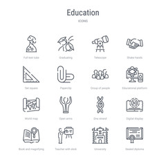 set of 16 education concept vector line icons such as sealed diploma, university, teacher with stick, book and magnifying, digital display 30, dna strand, open arms, world map. 64x64 thin stroke