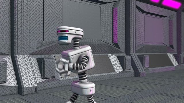 Seamless animation of a retro robot walking with glowing neon lights in a spaceship interior. Funny futuristic sci-fi background.
