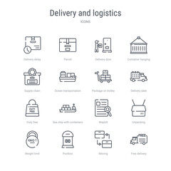 set of 16 delivery and logistics concept vector line icons such as free delivery, moving, postbox, weight limit, unpacking, waybill, sea ship with containers, duty free. 64x64 thin stroke icons