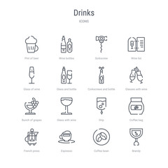 set of 16 drinks concept vector line icons such as brandy, coffee bean, espresso, french press, coffee bag, drip, glass with wine, bunch of grapes. 64x64 thin stroke icons