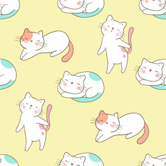 Seamless pattern cute cat on yellow pastel.