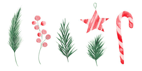  Watercolor Christmas set with branches of a Christmas tree, balls, sweets, a mitten and a sock for gifts. Christmas wreath.