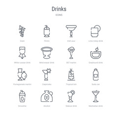 set of 16 drinks concept vector line icons such as manhattan drink, sidecar drink, alcohol, smoothie, soda can, tropical itch, caipiroska, pomegranate martini. 64x64 thin stroke icons