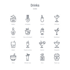 set of 16 drinks concept vector line icons such as paper cup, rum, bloody mary, wine, margarita, martini, tequila sunrise, mojito. 64x64 thin stroke icons