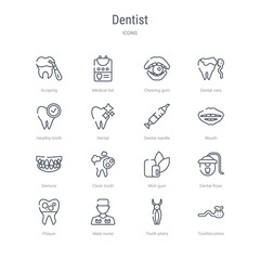 set of 16 dentist concept vector line icons such as toothbrushes, tooth pliers, male nurse, plaque, dental floss, mint gum, clean tooth, denture. 64x64 thin stroke icons
