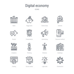 set of 16 digital economy concept vector line icons such as distribution, light bulb, social media, coding, buildings, wireless, thinking, analytics. 64x64 thin stroke icons