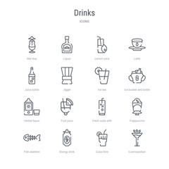 set of 16 drinks concept vector line icons such as cosmopolitan, cuba libre, energy drink, fish skeleton, frappuccino, fresh soda with lemon slice and straw, fruit juice, herbal liquor. 64x64 thin