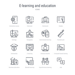 set of 16 e-learning and education concept vector line icons such as ask, asynchronous learning, blended learning, business education, computer-based training, distance teacher, e learning,