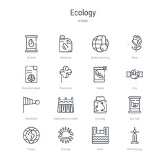 set of 16 ecology concept vector line icons such as wind energy, dam, ecology, power, eco fuel, eco bag, hydroelectric power station, windsock. 64x64 thin stroke icons