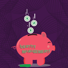 Obraz premium Text sign showing Identity Management. Business photo showcasing administration of individual identities within a system Color Piggy Bank Sideview and Dollar Currency Coins Falling Down to the Slit