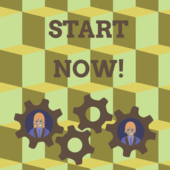Word writing text Start Now. Business photo showcasing do not hesitate get working or doing stuff right away Two Business People Each Inside Colorful Cog Wheel Gears for Teamwork Event