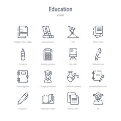 set of 16 education concept vector line icons such as kid, various files, reading an open book, edit pencil, notebook open with bookmark, chemical content, college graduation, school agenda. 64x64