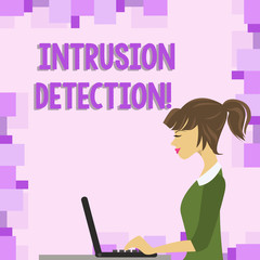 Word writing text Intrusion Detection. Business photo showcasing monitors a network or systems for malicious activity photo of Young Busy Woman Sitting Side View and Working on her Laptop