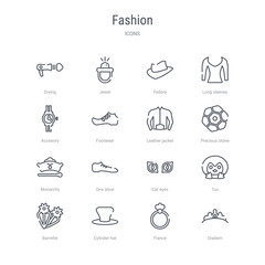 set of 16 fashion concept vector line icons such as diadem, fiance, cylinder hat, barrette, tux, cat eyes, one shoe, monarchy. 64x64 thin stroke icons