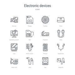 set of 16 electronic devices concept vector line icons such as magsafe, ssd, jack, video card, earphones, phones, music player, lisa. 64x64 thin stroke icons