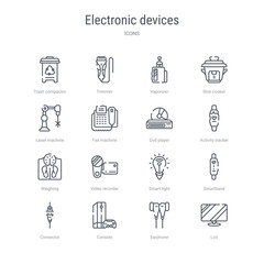 set of 16 electronic devices concept vector line icons such as lcd, earphone, console, connector, smartband, smart light, video recorder, weighing. 64x64 thin stroke icons