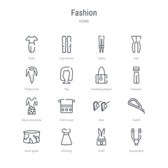 set of 16 fashion concept vector line icons such as suspenders, cloth, stitching, neck gaiter, tasbih, stud, cloth towel, black and white. 64x64 thin stroke icons