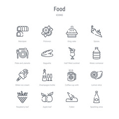 set of 16 food concept vector line icons such as sparkling wine, fallen, apple leaf, raspberry leaf, lemon slice, coffee cup with steam, champagne bottle, bitten ice cream. 64x64 thin stroke icons