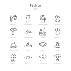 set of 16 fashion concept vector line icons such as heart pendant, t shirt with heart, belt pouch, tunic, coif, collar, royal, german hat with small feather. 64x64 thin stroke icons