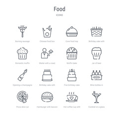 set of 16 food concept vector line icons such as cocktail on a glass, hot coffee cup with hearts, hamburger with bacoon, pizza slice cut, wine bottles in a box, five birthday cake, birthday cake