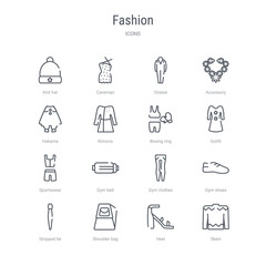 set of 16 fashion concept vector line icons such as skein, heel, shoulder bag, stripped tie, gym shoes, gym clothes, gym belt, sportswear. 64x64 thin stroke icons