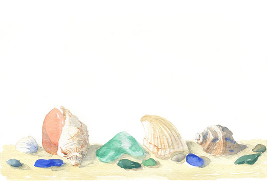 Shells on sand, watercolor hand painted background for print, isolated o the white