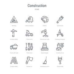 Fototapeta premium set of 16 construction concept vector line icons such as pulley hook, sweeping broom, inclined ax, double ladder, constructions, road stopper, three tools, truck with load. 64x64 thin stroke icons