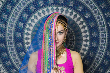 Portrait of a female model in ethnic indian costume with  jewellery and traditional makeup.